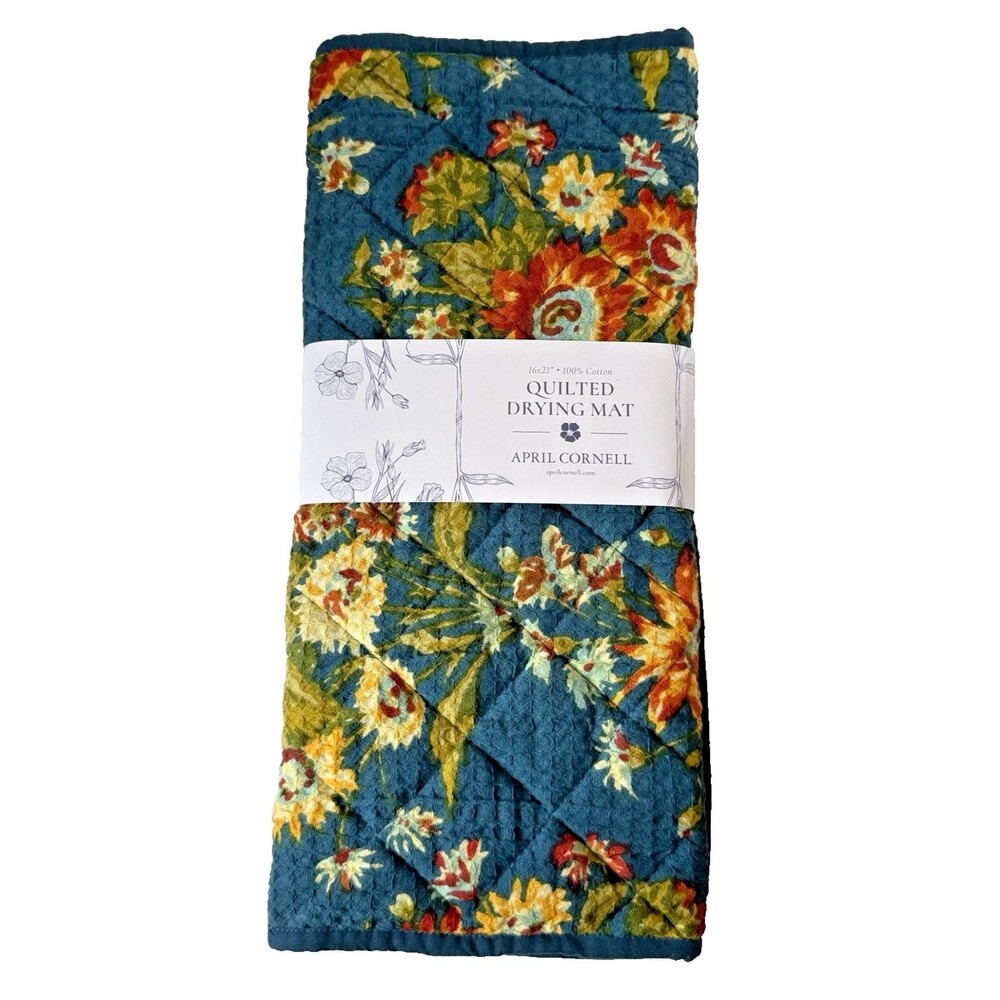 April Cornell Blue MARGUERITE Drying Mat Gauze Waffle Weave Top Quilted Back